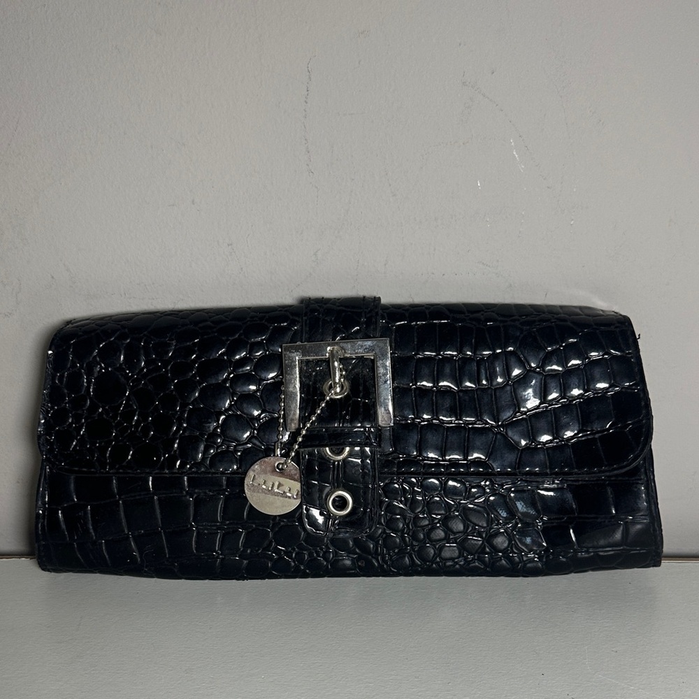 Lulu y2k vintage Black shiny Croc Embossed Clutch with Silver Buckle